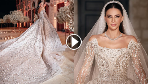 ملكة جمال لبنان بيرلا حلو تخطف الأنظار يوم عرسها.. الفستان بأكمله مطرز بالكريستال